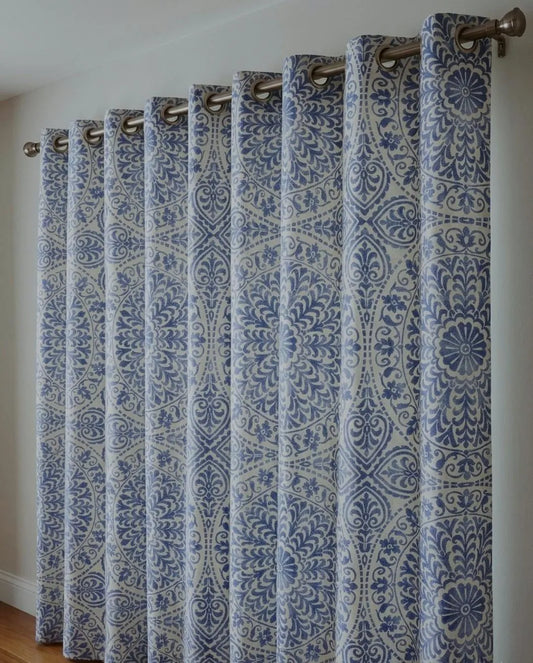 Blue printed cotton curtain 52x90 inch panel, soft fabric curtain for bedroom living room home decor with modern printed design