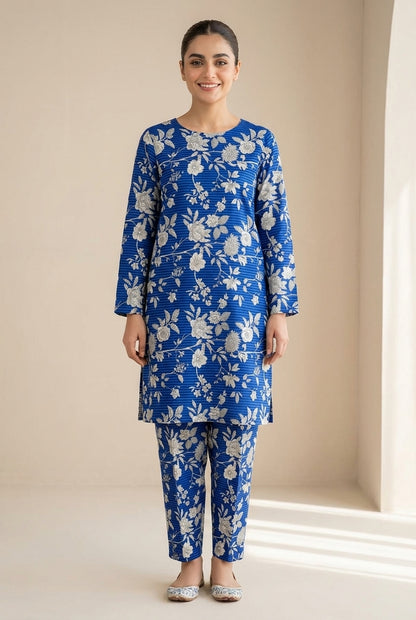 Blue printed polo cotton 2 piece suit for women casual wear soft breathable fabric matching shirt and trouser set