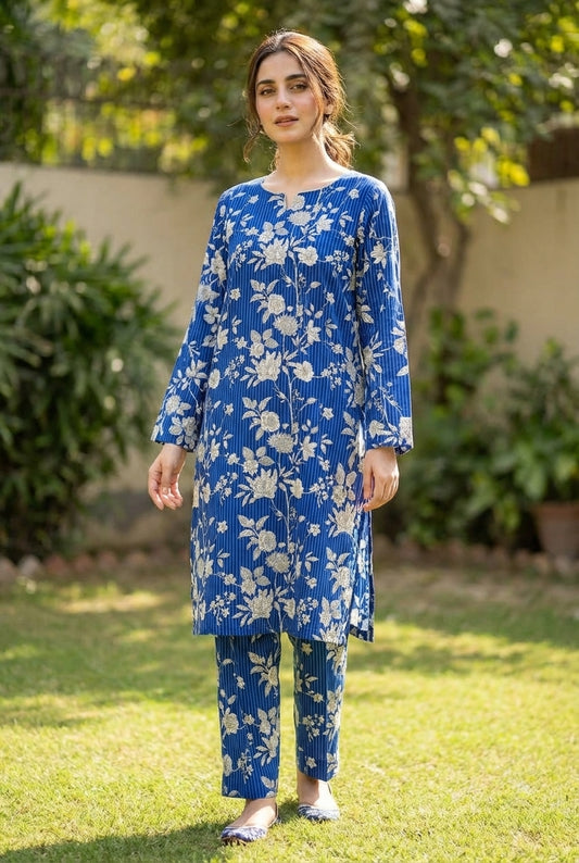 Blue printed polo cotton 2 piece suit for women casual wear soft breathable fabric matching shirt and trouser set