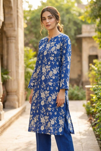 Blue printed polo cotton 2 piece suit for women casual wear soft breathable fabric matching shirt and trouser set
