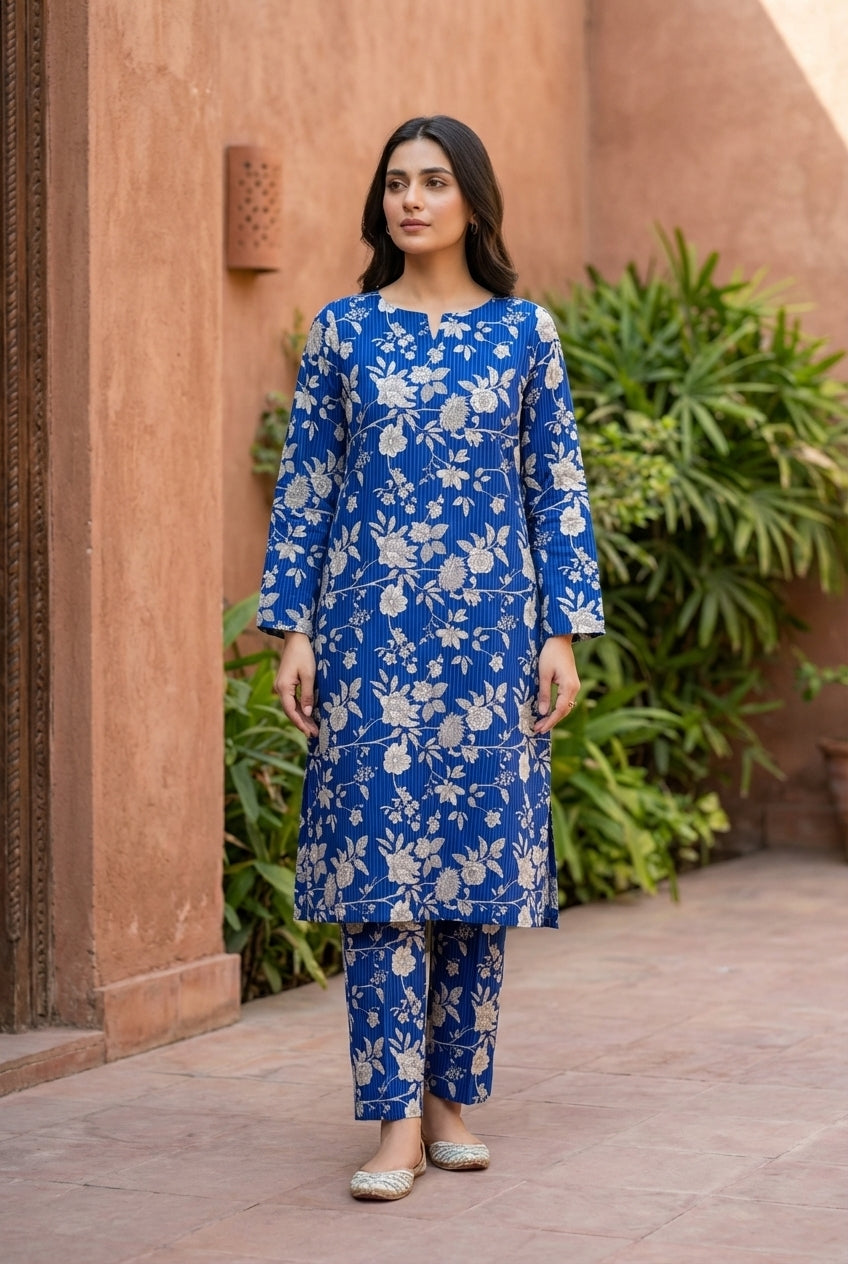 Blue printed polo cotton 2 piece suit for women casual wear soft breathable fabric matching shirt and trouser set