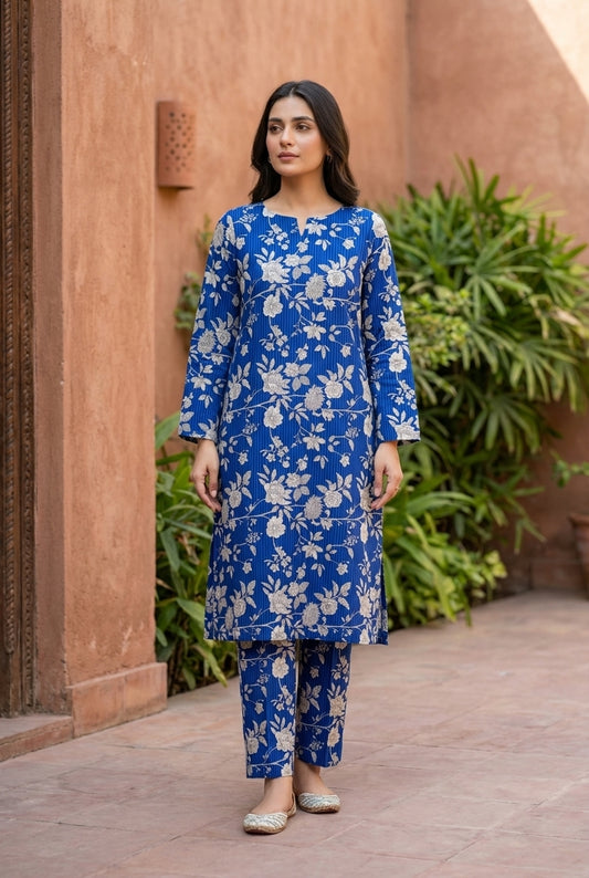 Blue printed polo cotton 2 piece suit for women casual wear soft breathable fabric matching shirt and trouser set