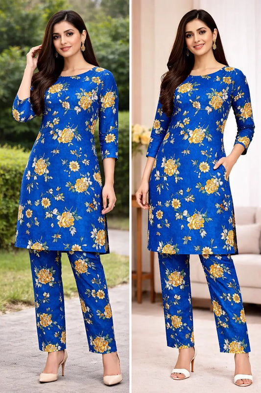 Blue printed polo cotton 2 piece suit for women casual wear soft breathable fabric matching shirt and trouser set