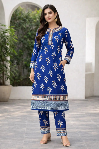 Blue printed polo cotton 2 piece suit for women casual wear soft breathable fabric matching shirt and trouser set