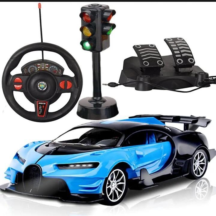 RC car toy with steering wheel set for kids blue black racing car with pedals and lights for indoor outdoor play