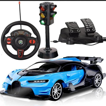 RC car toy with steering wheel set for kids blue black racing car with pedals and lights for indoor outdoor play