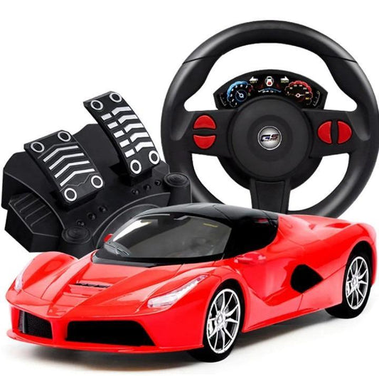 RC car toy with steering wheel set for kids blue black racing car with pedals and lights for indoor outdoor play