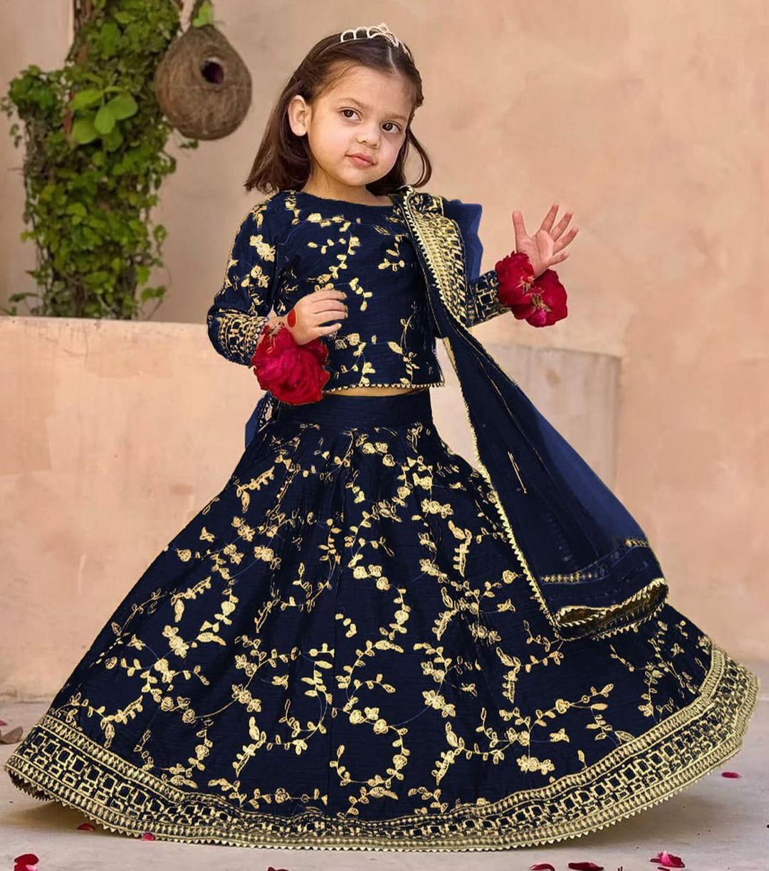 Girls blue embroidered raw silk 3 piece dress with dupatta, elegant kids outfit for Eid, weddings and festive occasions in Pakistan