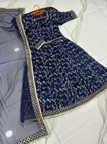 Girls blue embroidered raw silk 3 piece dress with dupatta, elegant kids outfit for Eid, weddings and festive occasions in Pakistan