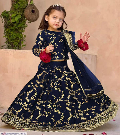 Girls blue embroidered raw silk 3 piece dress with dupatta, elegant kids outfit for Eid, weddings and festive occasions in Pakistan