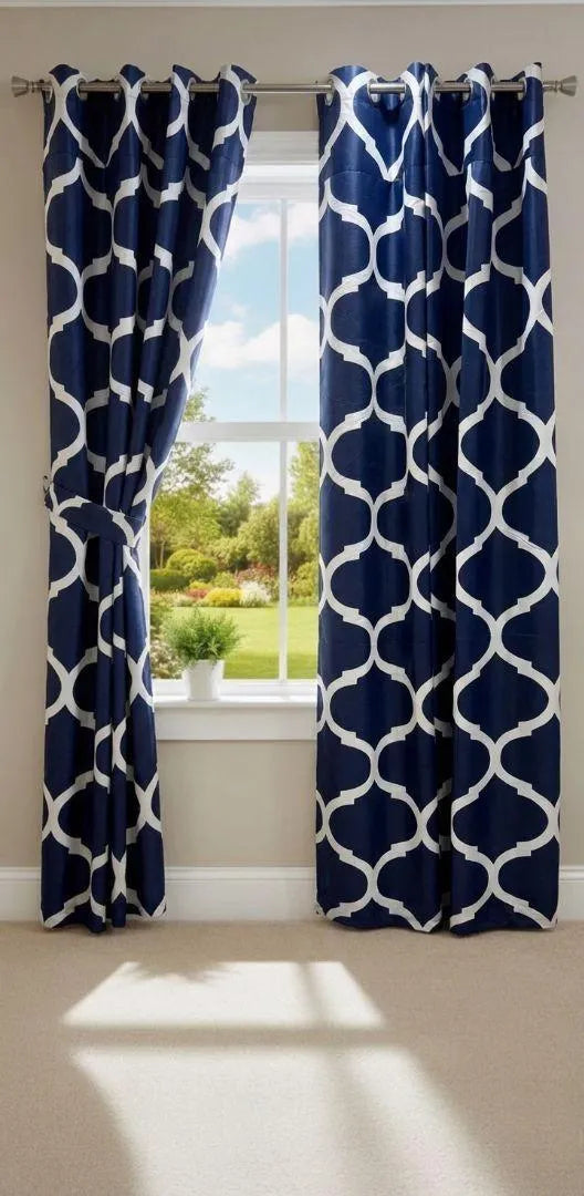 Blue printed cotton curtains 2 pcs set 60x100 inch panels, soft breathable curtains for bedroom living room modern home decor use