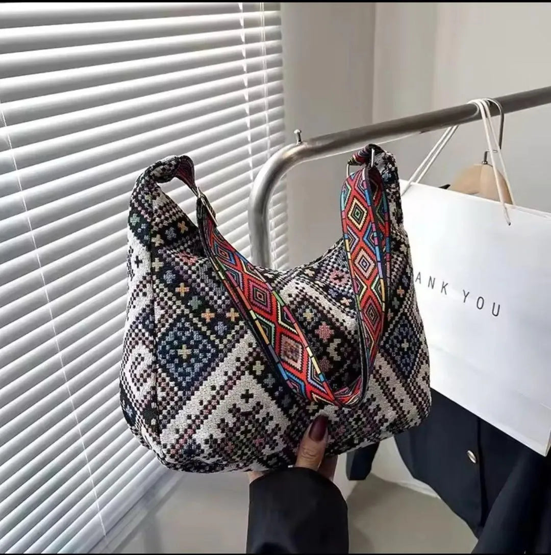 Boho pattern shoulder bag by Swift Mart with colorful strap and spacious design for stylish everyday use