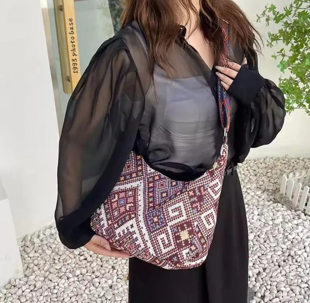 Boho pattern shoulder bag by Swift Mart with colorful strap and spacious design for stylish everyday use