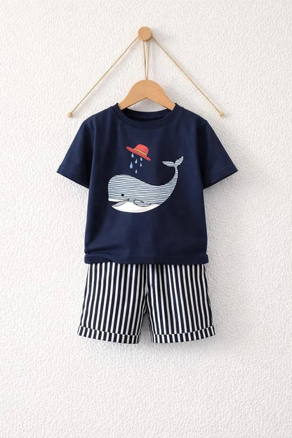 Kids boys blue cotton jersey whale print 2pc night suit with striped shorts for summer sleepwear and daily wear