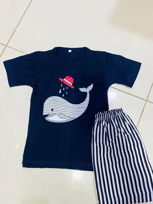 Kids boys blue cotton jersey whale print 2pc night suit with striped shorts for summer sleepwear and daily wear