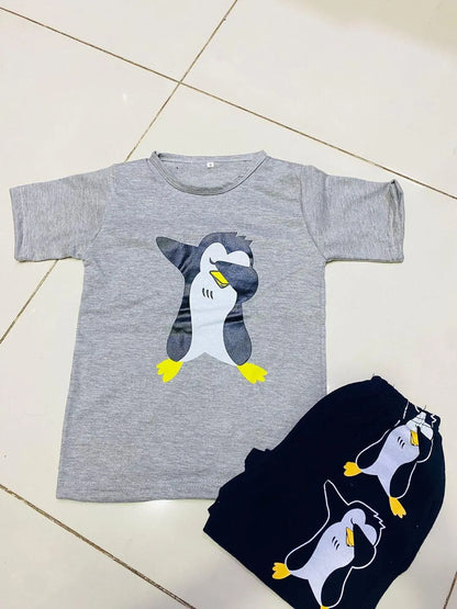 Boys grey printed cotton jersey night suit with shorts, soft breathable summer sleepwear for kids casual and daily wear
