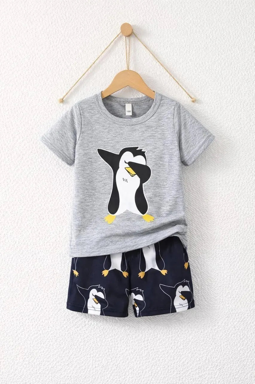 Boys grey printed cotton jersey night suit with shorts, soft breathable summer sleepwear for kids casual and daily wear