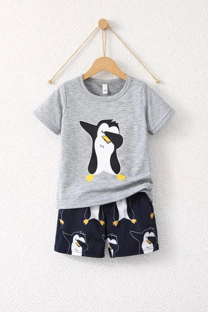Boys grey printed cotton jersey night suit with shorts, soft breathable summer sleepwear for kids casual and daily wear