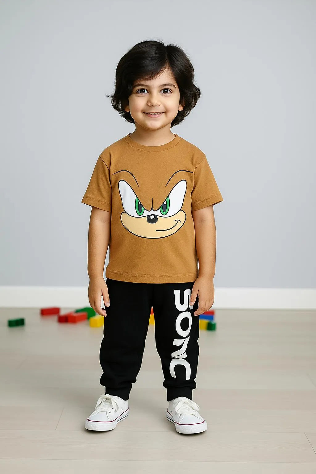 Boys brown printed polyester tracksuit with shirt and trouser set, comfortable summer outfit for casual wear and playtime