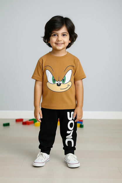 Boys brown printed polyester tracksuit with shirt and trouser set, comfortable summer outfit for casual wear and playtime