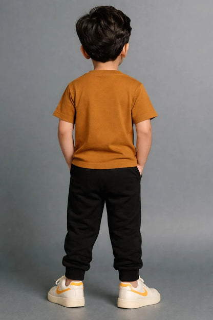Boys brown printed polyester tracksuit with shirt and trouser set, comfortable summer outfit for casual wear and playtime