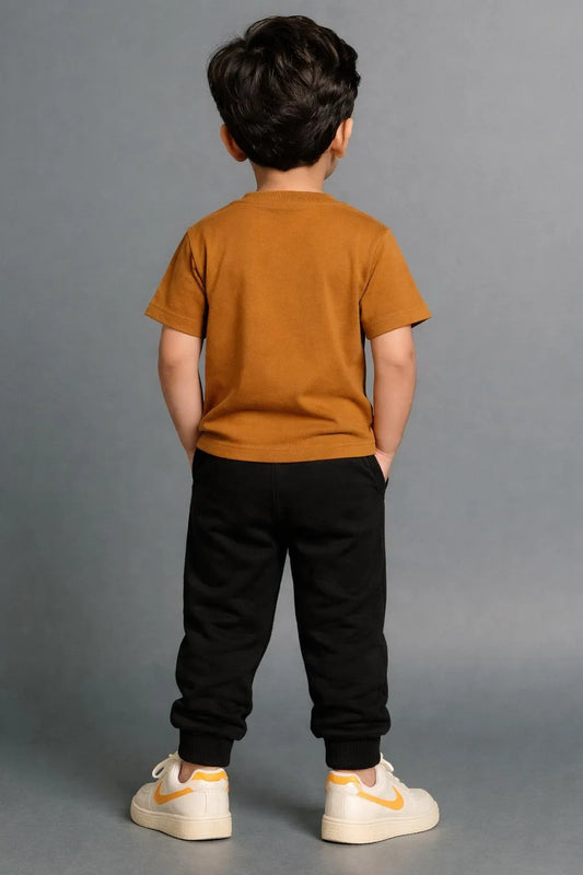 Boys brown printed polyester tracksuit with shirt and trouser set, comfortable summer outfit for casual wear and playtime
