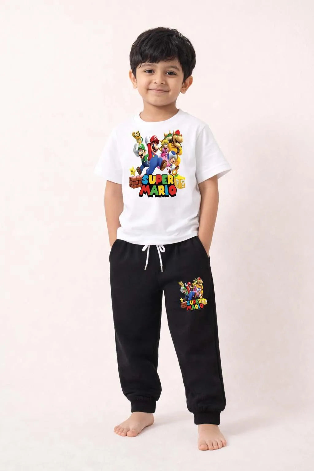 Boys white printed polyester t shirt and trouser set, comfortable summer outfit with cartoon print for casual wear and playtime