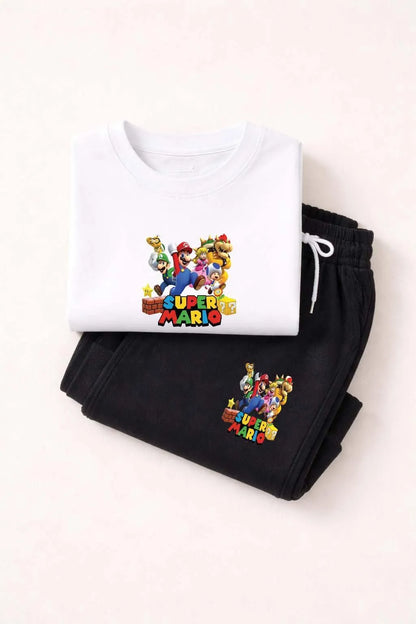 Boys white printed polyester t shirt and trouser set, comfortable summer outfit with cartoon print for casual wear and playtime