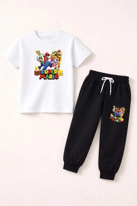 Boys white printed polyester t shirt and trouser set, comfortable summer outfit with cartoon print for casual wear and playtime