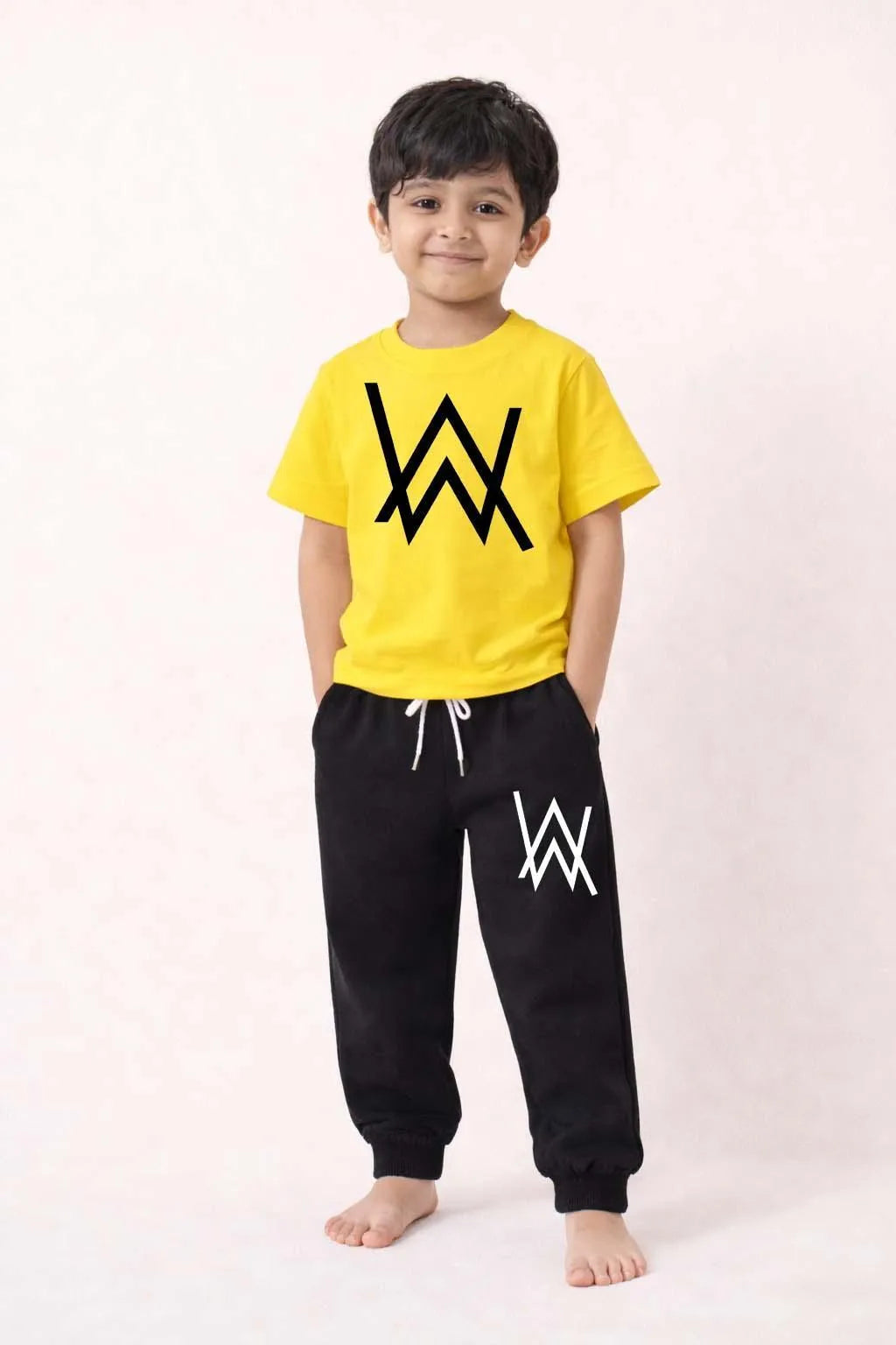 Kids yellow black polyester 2pc tracksuit with printed shirt and trousers for daily wear school and casual outings in Pakistan