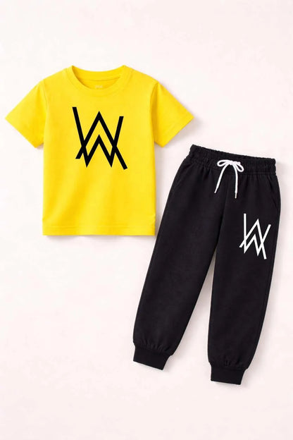Kids Polyester Yellow Black 2Pc Tracksuit Set Unisex