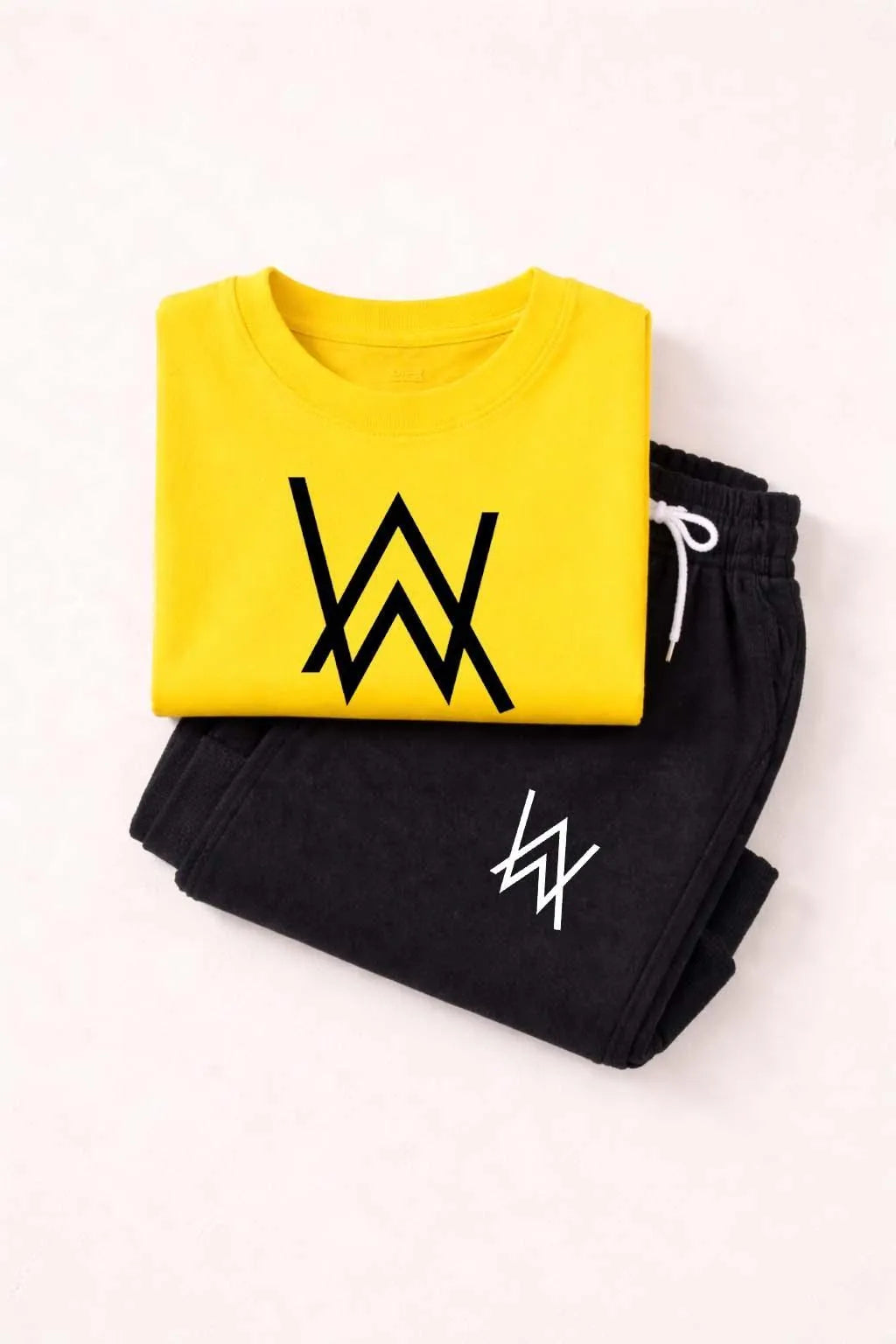 Kids yellow black polyester 2pc tracksuit with printed shirt and trousers for daily wear school and casual outings in Pakistan