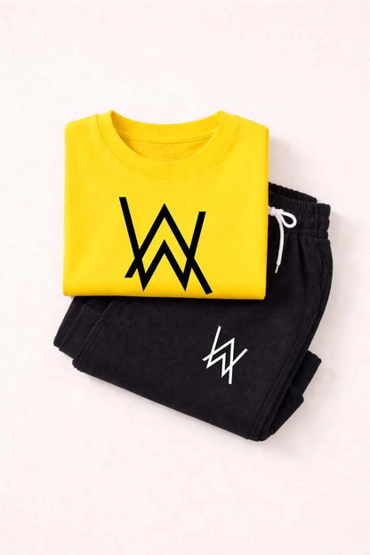 Kids yellow black polyester 2pc tracksuit with printed shirt and trousers for daily wear school and casual outings in Pakistan