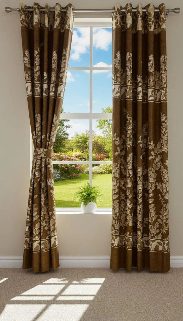 Brown printed cotton curtains 2 pcs set 60x102 inch panels, soft breathable curtains for bedroom living room home decor use