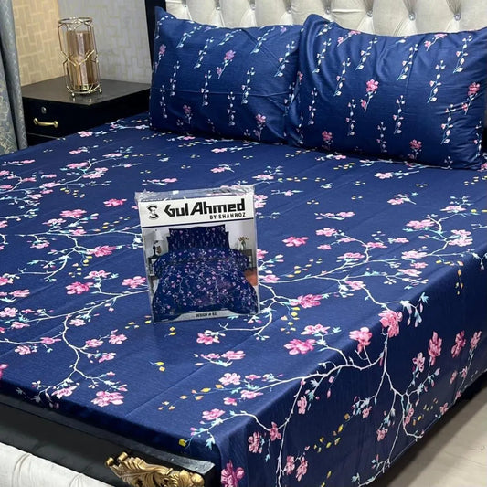 Blue cotton salonica printed bedsheet 3pc double bed set with pillow covers soft breathable durable stylish everyday bedding