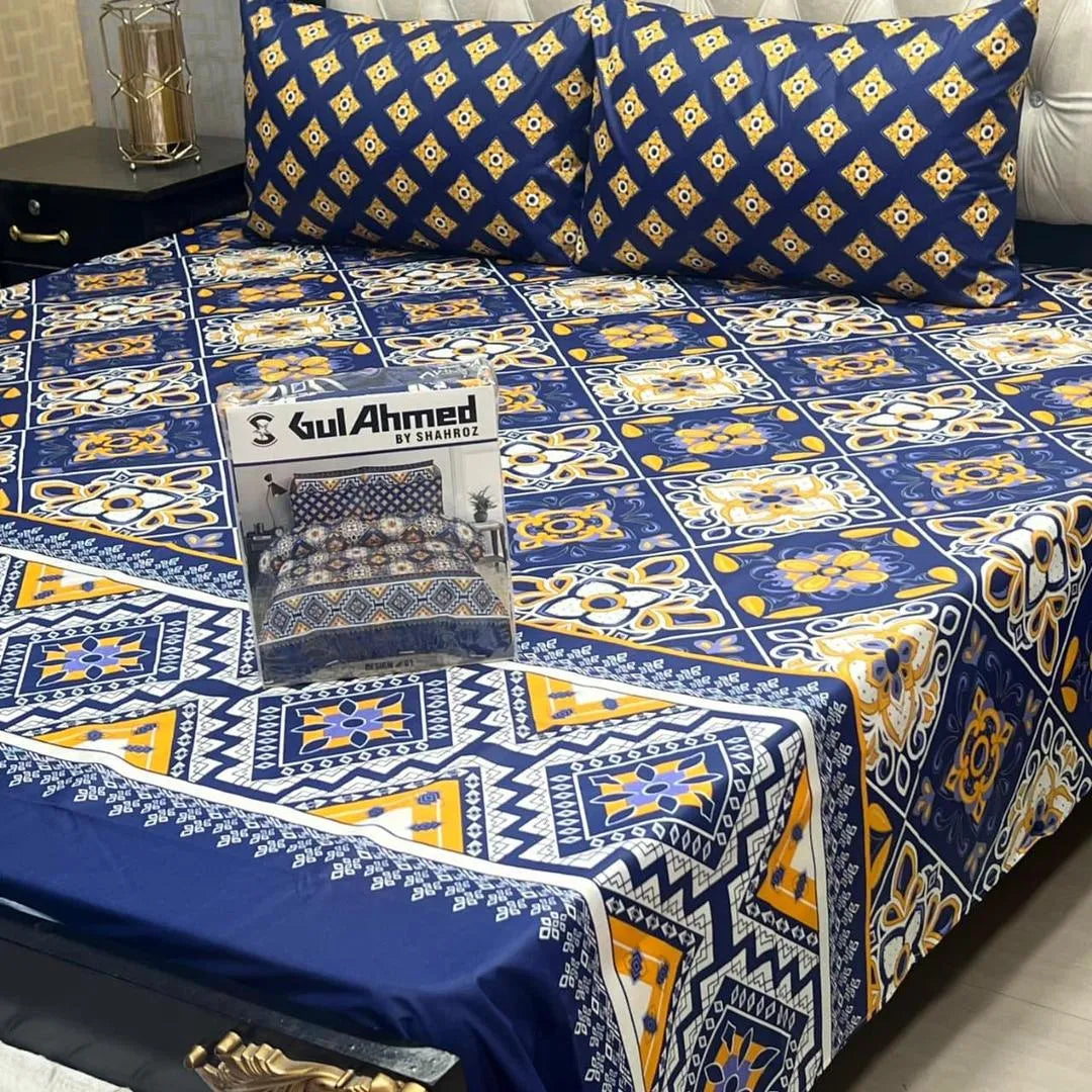 Blue cotton salonica printed bedsheet 3pc double bed set with pillow covers soft breathable durable fresh home bedding