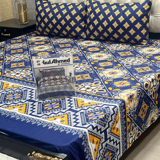 Blue cotton salonica printed bedsheet 3pc double bed set with pillow covers soft breathable durable fresh home bedding