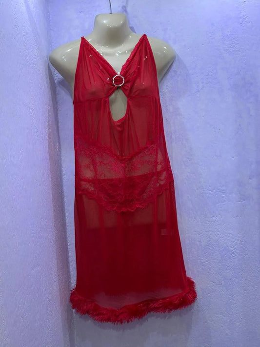 Red sheer lace nightgown with faux fur hem lightweight breathable mesh sleepwear with lace panel and cutout neckline for bridal use