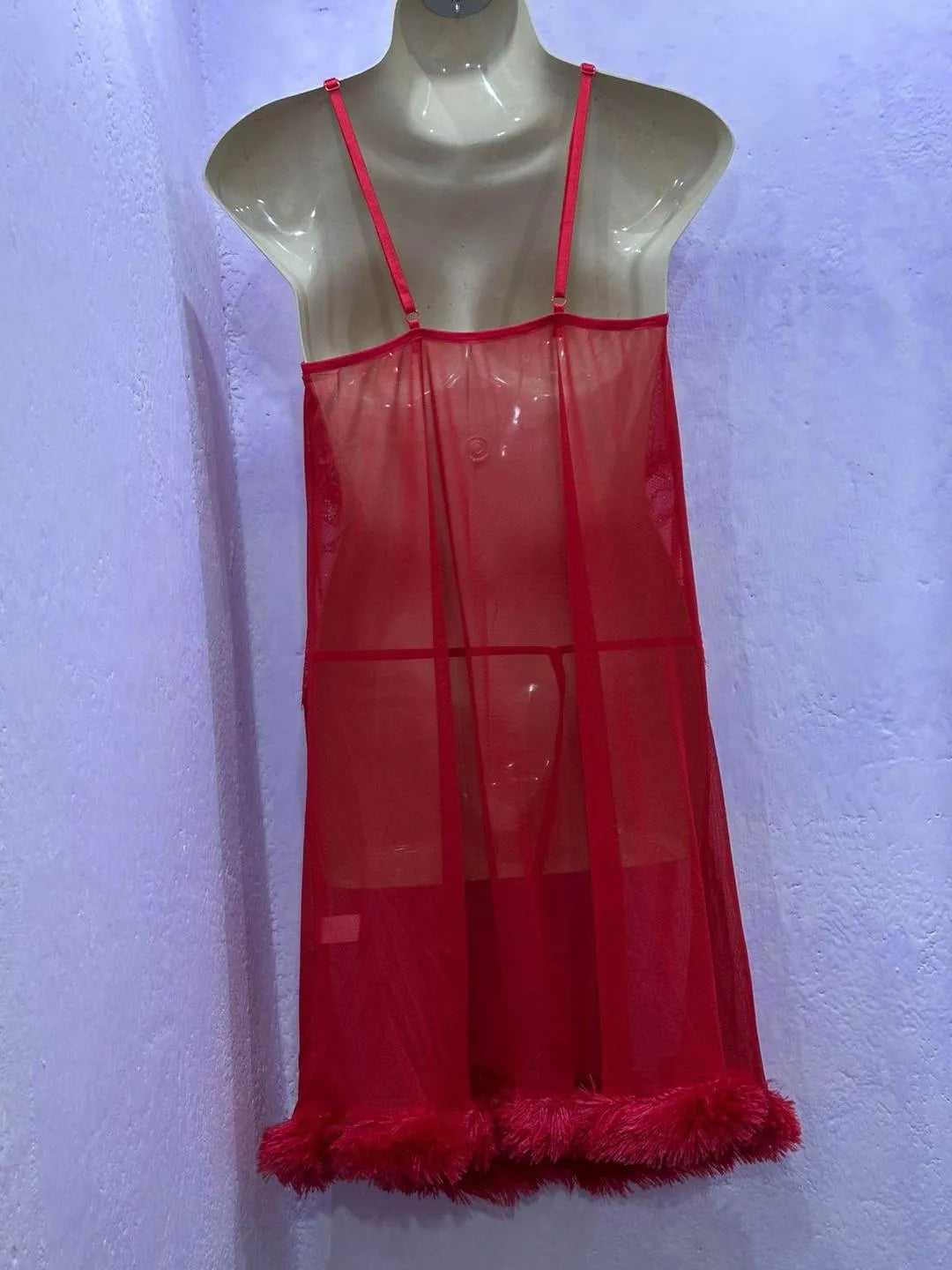 Red sheer lace nightgown with faux fur hem lightweight breathable mesh sleepwear with lace panel and cutout neckline for bridal use