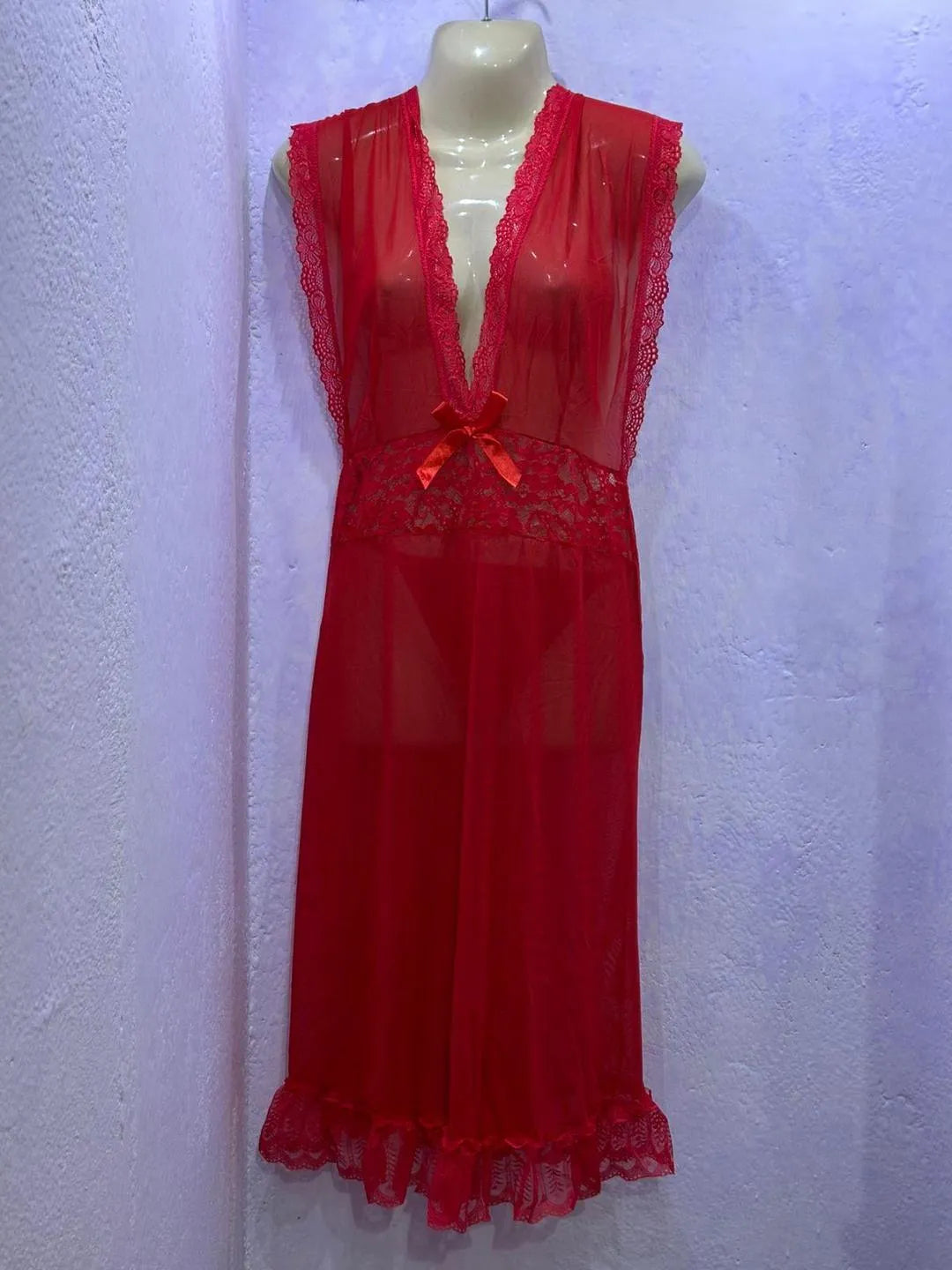 Red sheer lace nightgown with ruffled hem lightweight breathable nylon mesh sleepwear elegant design for bridal and nightwear use