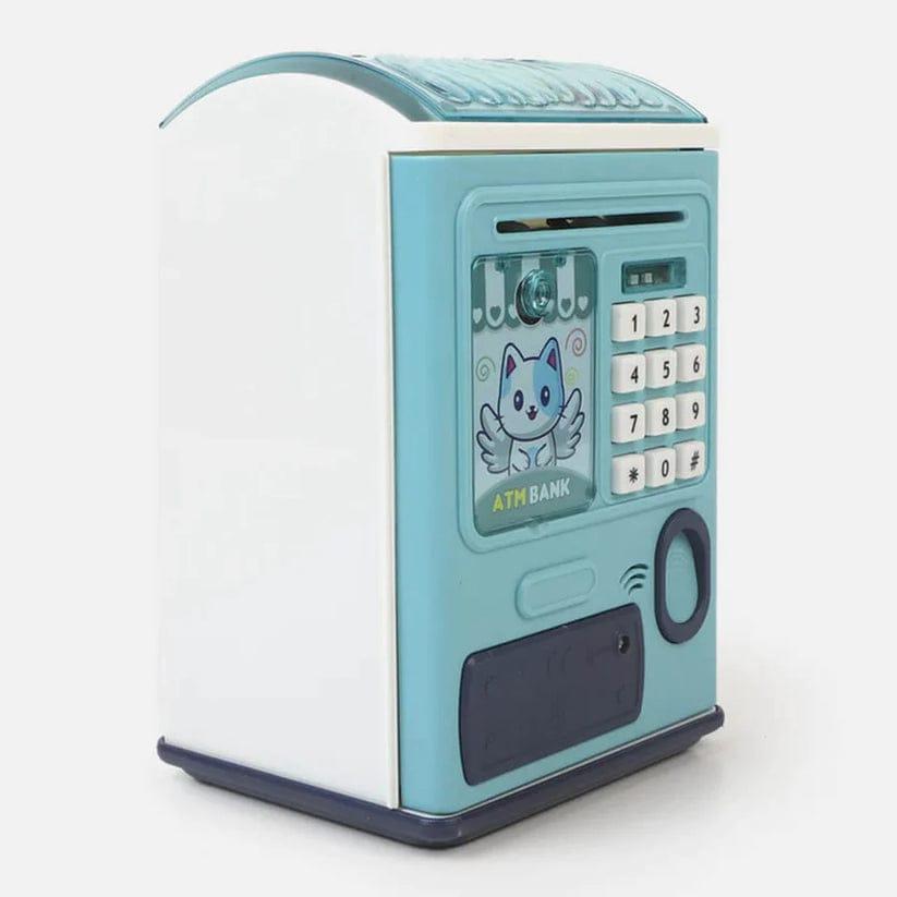 ATM money saving box for kids password piggy bank toy with automatic money roll blue cartoon design for children