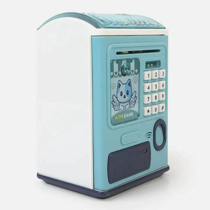 ATM money saving box for kids password piggy bank toy with automatic money roll blue cartoon design for children