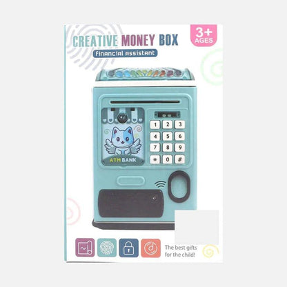 ATM money saving box for kids password piggy bank toy with automatic money roll blue cartoon design for children