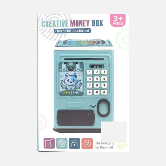 ATM money saving box for kids password piggy bank toy with automatic money roll blue cartoon design for children
