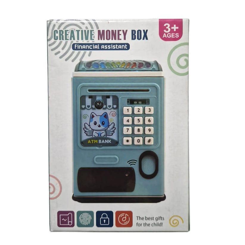 ATM money saving box for kids password piggy bank toy with automatic money roll blue cartoon design for children