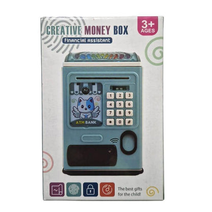 ATM money saving box for kids password piggy bank toy with automatic money roll blue cartoon design for children