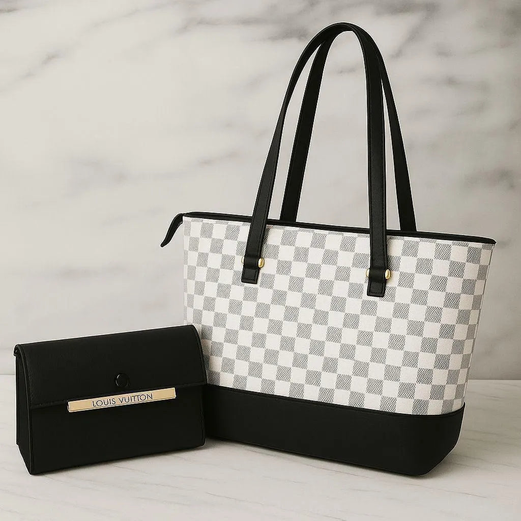 Leather handbag set for girls checkered design with wallet stylish bag for school college and daily use