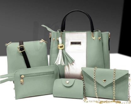 Girls 5 piece rexine handbag set by Swift Mart with tote crossbody clutch and pouch for stylish daily use