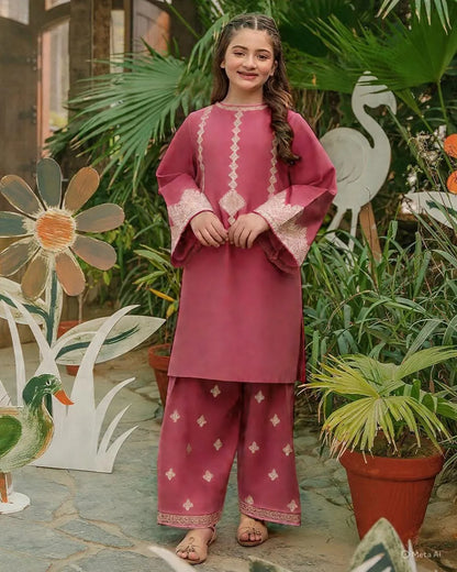 Girls pink embroidered cotton kurta pajama set, soft breathable outfit for Eid parties school and daily wear for kids