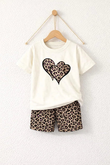 Girls off white cotton jersey leopard heart print 2pc night suit with shorts for summer sleepwear and casual wear